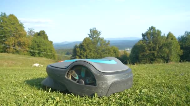 Ljubljana Slovenia July 2022 Cloup 庭でのロボット芝刈り機トリミングの詳細ビュー 庭の芝生のメンテナンス作業を行う芝刈りのための未来的な園芸機器 — ストック動画