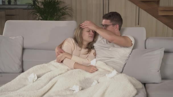 Close Couple Resting Blanket Watching While Recovering Flu Young Man — Video Stock