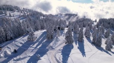 Alp arazisindeki Idyllic dağ kulübeleri ve taze kar örtüsü. Etrafı yeni yağmış karla kaplanmış harika dağlarla çevrili şirin biberler. Kış harikalar diyarı yüksek irtifada.