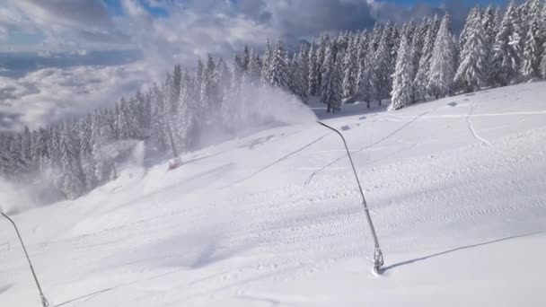 Aerial Snow Making Machines Preparing Artificial Snow Base Winter Ski — Video Stock