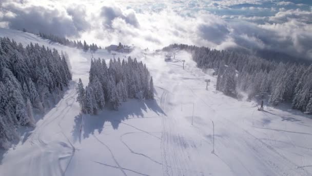 空気アルパインスキー場で人工雪を作る多くの作業雪の大砲 良好なスキー条件と長引く冬のシーズンを準備するための近代的な技術 山岳スキー場の冬 — ストック動画
