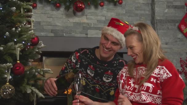 クリスマス休暇を祝うためのシャンパンの陽気なカップルのオープニングボトル 暖炉の前でクリスマスツリーに座ってシャンパンと笑顔ハンサムな男と美しい女性の試飲 — ストック動画