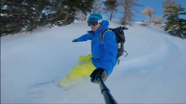 Портраит Сноубордист Наслаждается Фрирайдинга Свежий Снег Порошок Снежных Горах Мужчина — стоковое видео