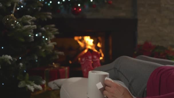Close Woman Has Relaxing Evening Drinking Hot Tea Burning Fireplace — Vídeo de Stock