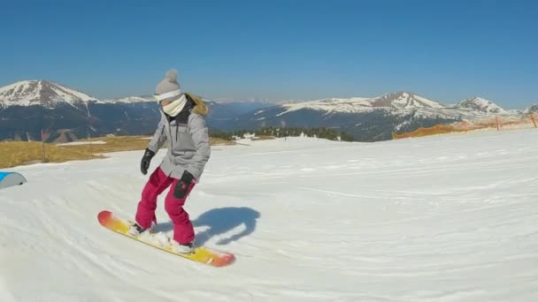 Slow Motion Girl Snowboarder Falls Snow Losing Balance While Sliding — Vídeo de stock