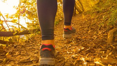 LOW ANGLE, CLOSE UP, DOF: Unrecognizable fit young woman wearing black leggings hikes up an empty forest hiking trail on an idyllic autumn day. Athletic female hiker exploring the fall colored woods.
