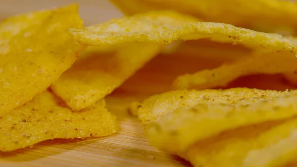 Macro Dof Golden Tortilla Crisps Sprinkled Salt Latin Spices Lie — Stok fotoğraf