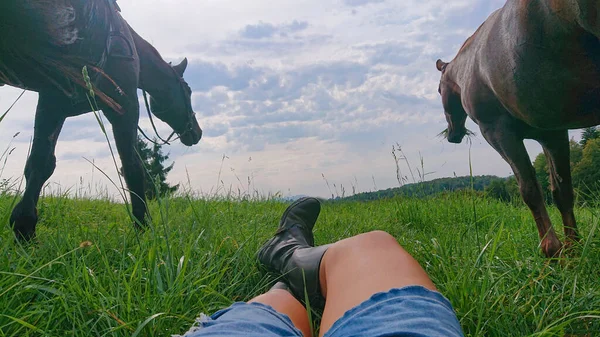Pov Young Female Horseback Rider Lies Grass Watching Her Horses — Foto de Stock