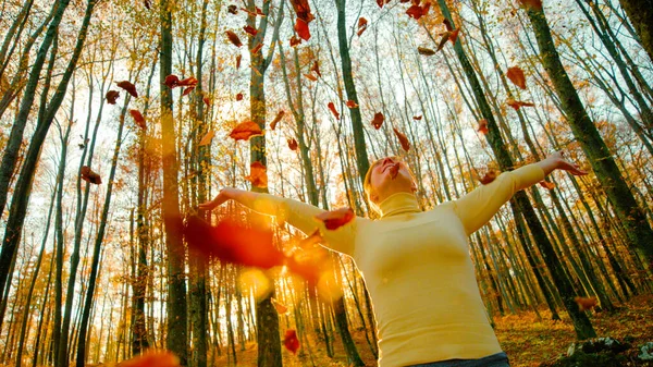 Cheerful Young Female Hiker Throws Fallen Leaves Air Scenic Autumn — 图库照片