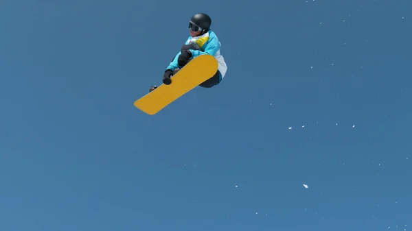 Athletic Male Tourist Snowboarding Slovenian Alps Jumps Air Performs Grab — Stok fotoğraf