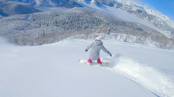 Unrecognizable Active Tourist Snowboards Scenic Slovenian Backcountry Sunny Winter Day — Foto Stock