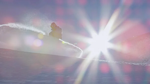Lens Flare Extreme Male Snowboarder Sprays Glistening Champagne Powder Snow — Stock Photo, Image