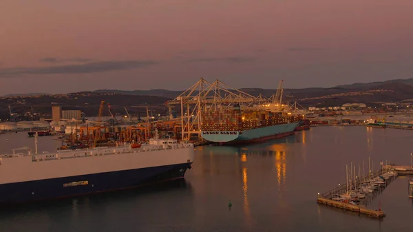 Aerial Big Nautical Lines Carrier Approaches Busy Port Koper Golden — Zdjęcie stockowe