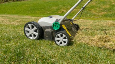 CLOSE UP: Grass aeration for soil compaction relief and grass growth enhancement. Spring backyard garden work for healthier and thicker lawn. Useful gardening machinery for efficiency at landscaping. clipart