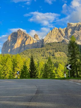 Mountain pass road with gorgeous mountain backdrop winding through spruce forest. Picturesque alpine landscape in spring with green conifer trees and high mountain peaks with patches of spring snow.