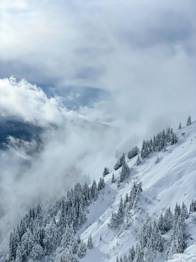 Remains of snowfall clouds rolling across freshly snow-covered mountainside. Breath-taking view of alpine landscape covered with white blanket of snow. Changing winter weather conditions in mountains.