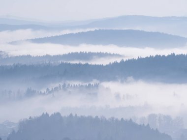 Winter fog rolling among forested hills creating beautifully layered landscape. Stunning winter view of hilly countryside. Silhouettes of forest trees peeking through layers of mist in wintertime.