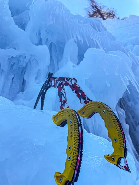 Vertical Bottom Close Two Ice Axes Stuck Icicles Massive Frozen — 스톡 사진