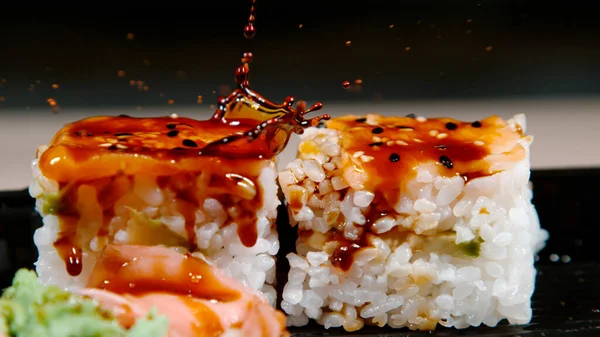 Macro Dof Delicious Rolls Sushi Get Soaked Salty Soya Sauce — Stock Photo, Image