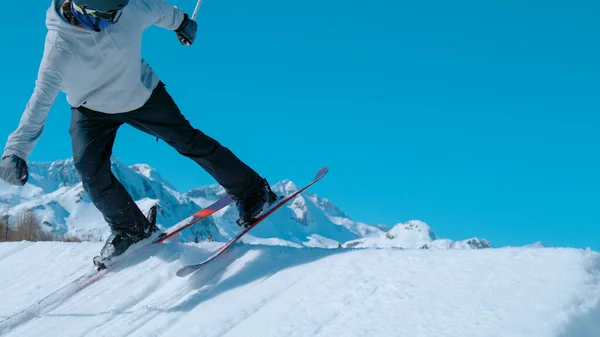 Close Professional Male Freestyle Skier Rides Backward Lines Jump Big — Stok fotoğraf