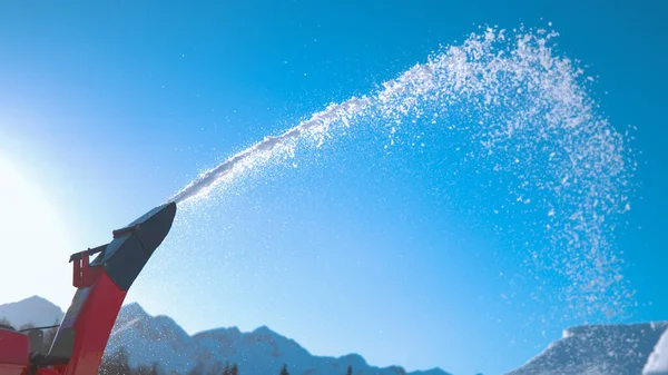Close Copy Space Industrial Snow Blower Spews Out Snowflakes Sunny — Stock Photo, Image