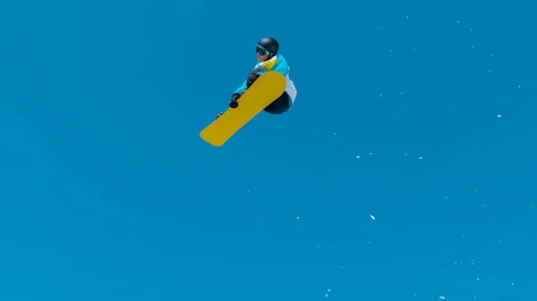 Bottom Spectacular Shot Snowboarding Pro Doing Tumbling Grab Stunt While — Stock fotografie