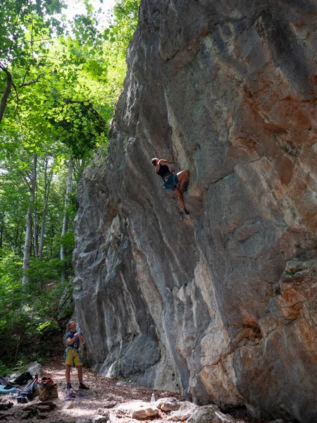 Vertical Athletic Young Woman Rock Climbing Rocky Wall Deep Lush — Zdjęcie stockowe