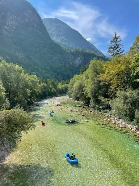 Vertical Tourists Paddle Kayaks Lazy Soca River Sunny Summer Day — Photo