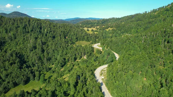 AERIAL: Aerial view of an empty road in lush green woods high in the mountains of Slovenia. Scenic mountain road runs across the lush green forest covering the picturesque landscape of rural Slovenia.