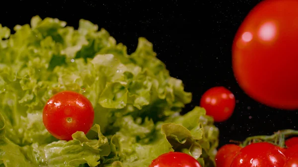 閉じる Bokeh 黒の背景に緑のレタスに落ちる熟した赤いトマト 新鮮な野菜を水で空飛ぶことが動きに巻き込まれた 調理や食事の準備のための有機野菜 — ストック写真