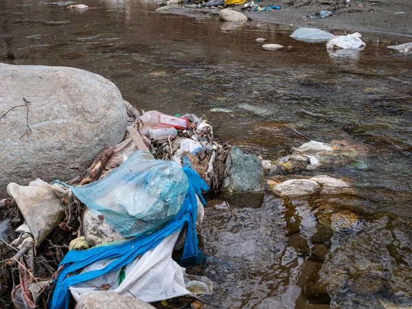 Tirana Albania March 2022 River Shore Polluted Piles Garbage Plastic — Stockfoto