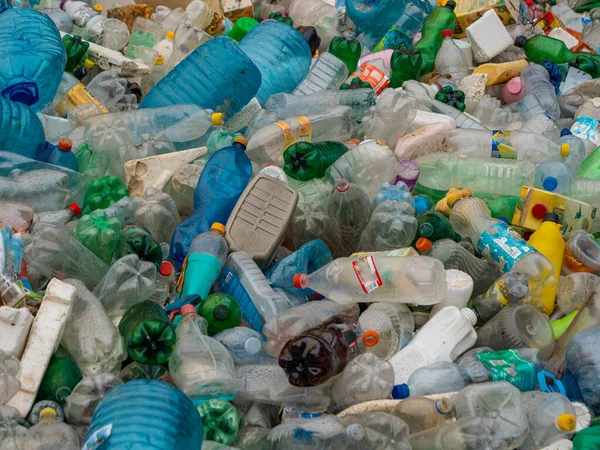 Tirana Albania March 2022 Top View Pilled Empty Plastic Bottles — стоковое фото