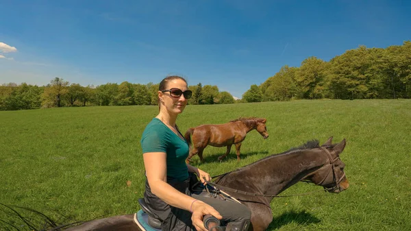 Portrait Pretty Woman Enjoys Company Two Brown Horses While Riding — Stockfoto