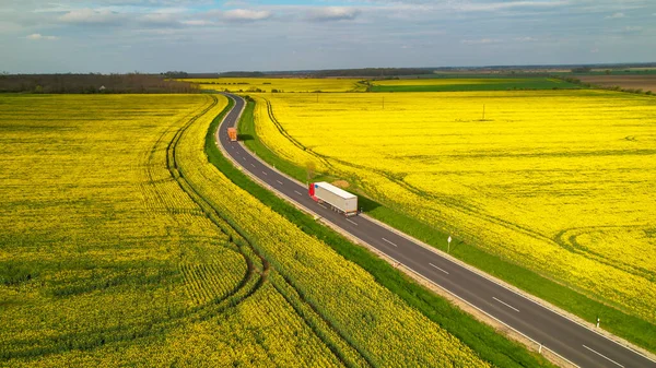 Aerial Delivery Cargo Trucks Driving Countryside Motorway Surrounded Yellow Fields — 图库照片