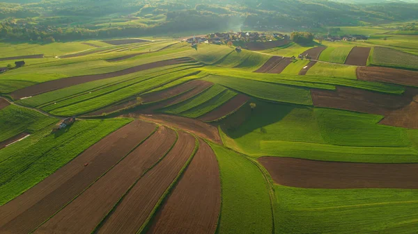 Aérial Magnifique Campagne Vallonnée Avec Petits Villages Terres Agricoles Paysage — Photo