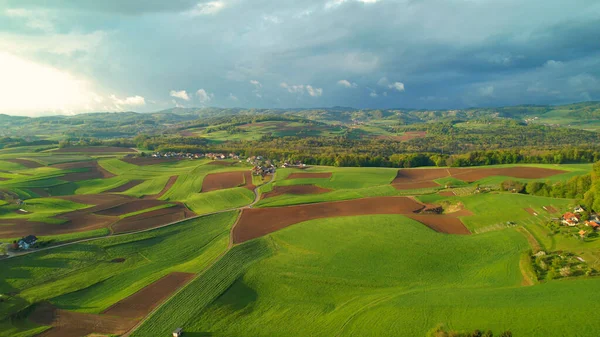 Aerial View Charming Hilly Countryside Meadows Fields Small Village Picturesque — Stockfoto