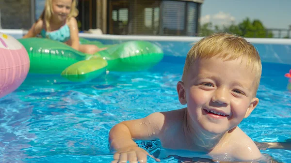 Portrait Cheerful Baby Boy Floating Garden Swimming Pool Learning Swim — Stock Fotó