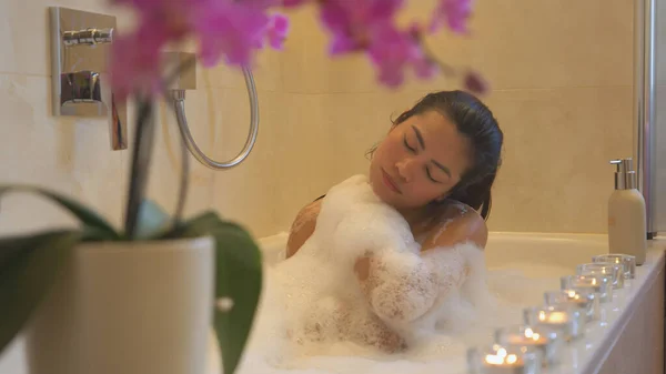 Pretty Asian Lady Having Relaxing Bubble Bath Enjoying Home Spa — Photo
