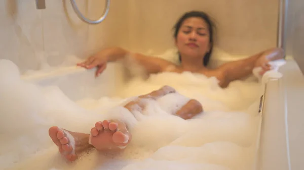 Beautiful Asian Woman Relaxing While Lying Bubble Bath Home Bathroom — Stock Photo, Image