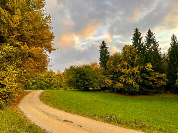 Macadam Path Passing Beautiful Countryside Autumn Shades Sunrise Light Winding — Photo