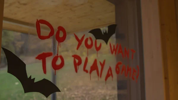 Close Scary Blood Written Caption Flying Bats Halloween Window Decor — Stock Photo, Image