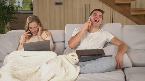 Busy Couple Having Business Calls While Working Remotely Home Man — Stockfoto