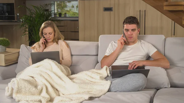 Employed Couple Working Remotely Home Having Business Calls Man Woman — Stok fotoğraf