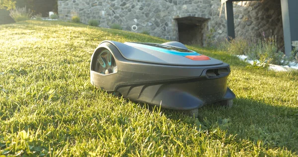 Side View Robotic Lawn Mower Trimming Green Grass Modern Garden — Stock Photo, Image