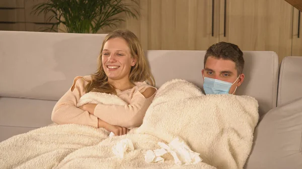 Lovely Couple Sitting Comfy Sofa Getting Seasonal Cold Winter Colds — Photo