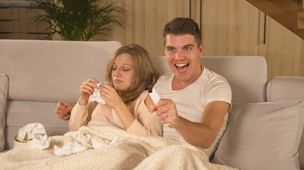 Woman Trying Recover Flu While Man Cheering Sports Game Young — Stockfoto