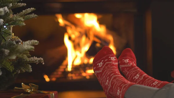 Woman Warming Her Feet Christmas Socks Relaxing Fireplace Female Person — Stock Photo, Image