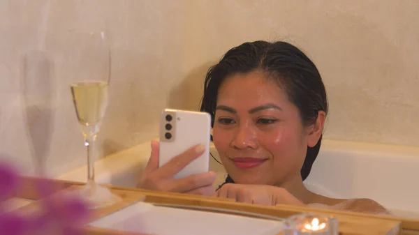 Young Female Bubble Bath Taking Photos Full Glass Champagne Beautiful 스톡 사진