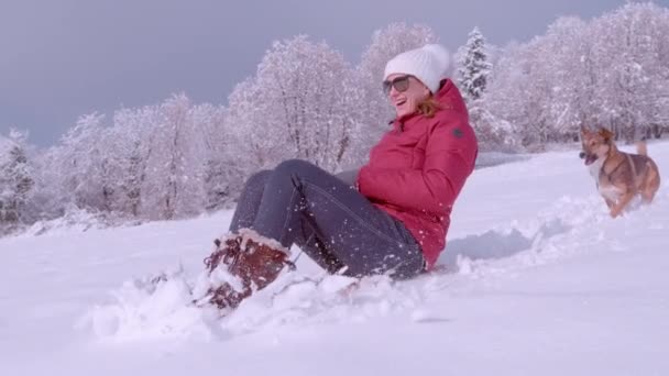 Slow Motion Cheerful Woman Followed Cute Dog Sledding Snowy Hill — Stock Video