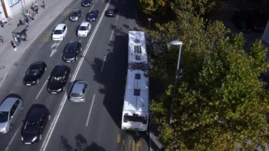 AERIAL: Cars and buses commuting along the busy traffic road in Ljubljana, Slovenia